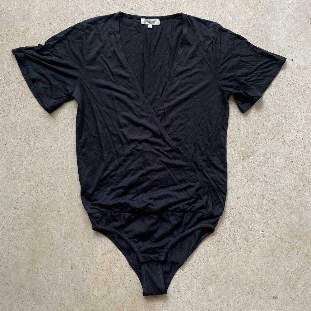 Madewell Black Short Sleeve V Neck Drape Bodysuit